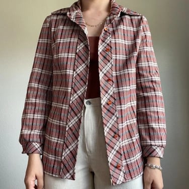 Vintage 1970s Women's Retro Collared Button Up Plaid Red Blue Long Sleeve Shirt 