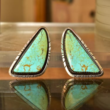 Signed Navajo Sterling Silver Turquoise Earrings, Large Enhanced Turquoise Studs, LS Sterling, 44mm 