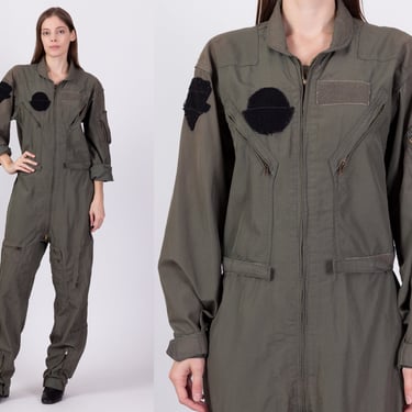 Vintage Flyer's Coveralls Air Force Flight Suit - Men's Large, Women's XL | 80s Olive Drab Army Green Utility Jumpsuit 
