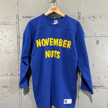 L 80s Russell football Style Shirt tshirt All Cotton Blue November nuts  tshirt 3/4 sleeve 