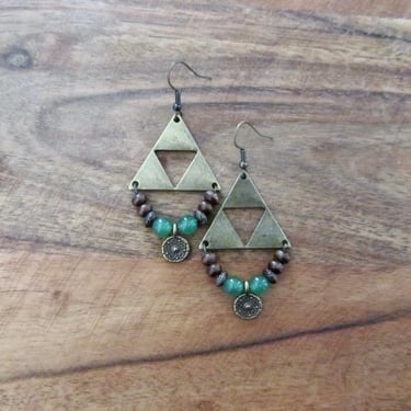 Antique bronze triangle earrings, green jadeite 