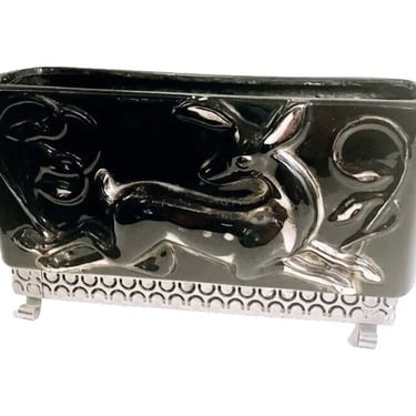 Vintage MCM Black Ceramic Deer/Giselle Planter Brass Footed, Golden brushed 9.5"X 5.25" 