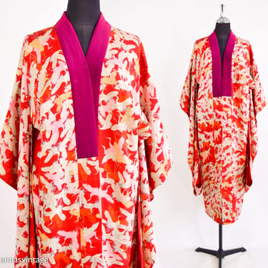 1940s Vintage Red Silk Kimono | 40s White Cranes Red Kimono 