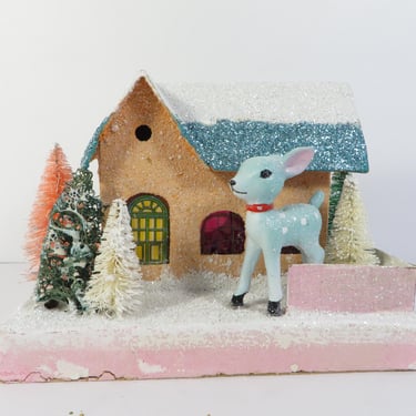 Vintage Pink Glitter Blue Reindeer Putz House - Made in Japan Putz House Pink Glitter 