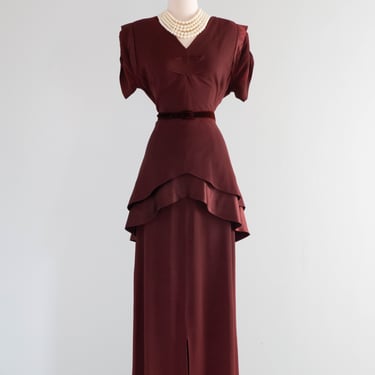 Stunning 1940's Chestnut Rayon Evening Gown, An Original By Rudolf / Medium