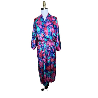 Vintage 90's California Dynasty Hibiscus Silky Satin Floral Robe M 