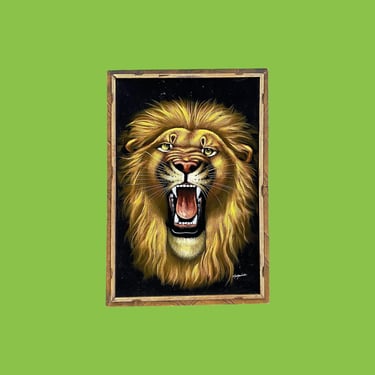Vintage Velvet Painting 1970s Retro XL Size 39x27 Mid Century Modern + Lions Head + Melquiades + Paint on Fabric + Made in Mexico + Wall Art 