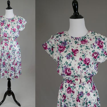 80s White Floral Print Dress - Pink Purple Green - Tabby of California - Vintage 1980s - Size S 