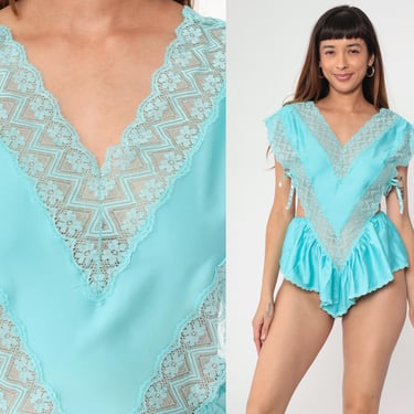 80s Lingerie Teddy Romper Turquoise Lace Teddie Deep V Neck Bodysuit 1980s Tap Shorts One Piece Romantic Vintage Sexy Small 