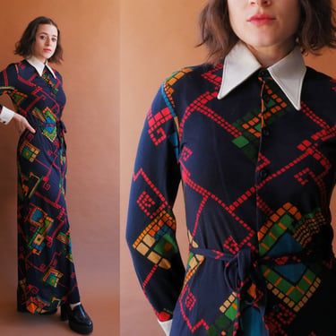 Vintage 70s Mod Collared Maxi Dress/Size Small Medium 