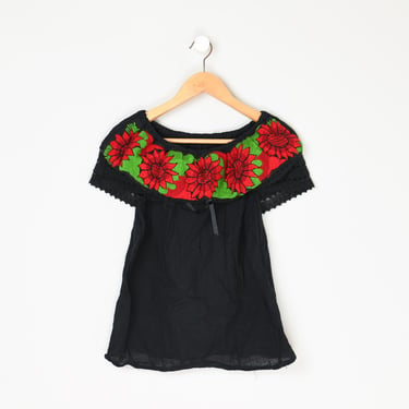 Vintage 90s Black & Red Embroidered Peasant Top - off-shoulder, nineties, bohemian, boho, hippie, gothic, flowers, floral - Women's M 