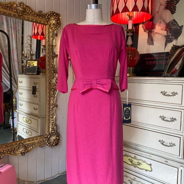 vintage 1950s pink wool wiggle dress R  K Original 50s fashion hourglass bow 27 