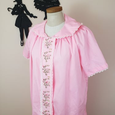 Vintage 1950's Pink Robe / 60s Embroidered  Loungewear House Coat XL 
