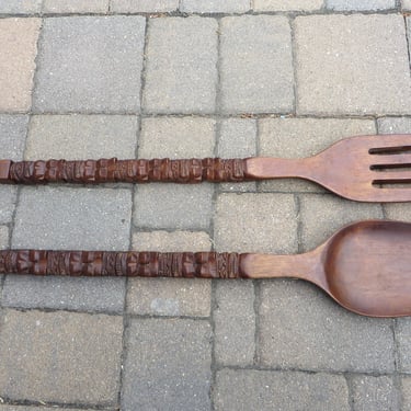 Vintage Extra Large Wood Fork and Spoon - Large Fork and Spoon Kitchen Decor 