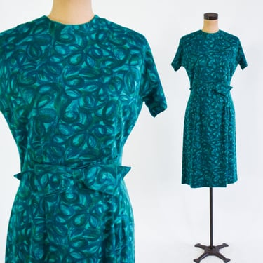 1960s Turquoise Blue Floral Dress | 60s Blue & Green Print Wool Dress | Medium 