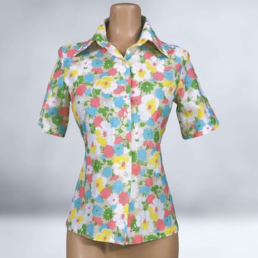 VINTAGE 70s Floral Print Dagger Collar Blouse By Jack Winter | 1970s Butterfly Collar Button Front Disco Shirt | vfg 
