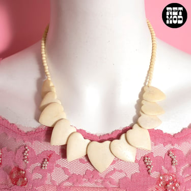 Lovely Vintage 70s Bone Heart Beaded Necklace 