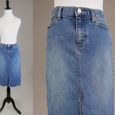 Vintage Gap Jean Skirt - 30" low rise waist, size 6 - Long Front Center Slit - Blue Cotton Lycra Stretch Denim - Dated 2002 