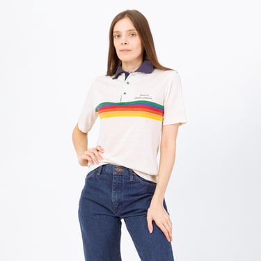 Vintage 70s USC Rainbow Striped Polo Shirt - Medium | University Of Southern California Burnout Short Sleeve Varsity Collegiate Shirt 