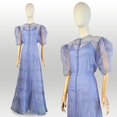 1930s Dress / 1930s Periwinkle Organdy Gown with Matching Slip / 1930s Lawn Party Dress / 1930s Evening Dress / Size Medium 