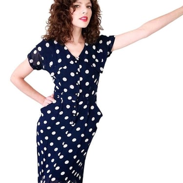 Vintage 40s Shirtdress Navy Blue Polkadot Print Sheer 