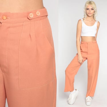 70s Trousers Peach Straight Leg Pants 1970s Trousers Pleated Trousers High Rise Waist Pants Vintage Seventies Small 