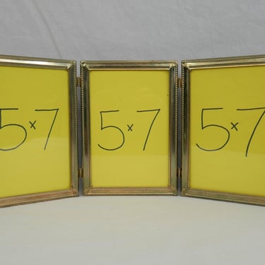 Vintage Tri-Fold Hinged Picture Frame - Triple Gold Tone Metal Frame w/ Glass - Holds Three 5