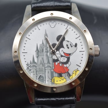 Vintage Mickey Mouse & Cinderella's castle watch, round Walt Disney World limited release croco leather wrist watch 