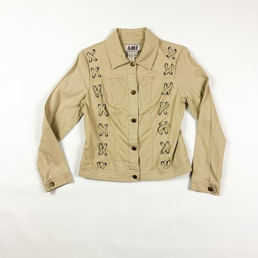 1990s / y2k Sand Lace Up Detail Jacket / Denim Style Jacket / Tan / Khaki / Stretch / 00s / Medium / Neutrals / Corset / Bratz / M / AMI / 