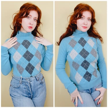 Y2K Vintage Aqua Blue Cashmere Sweater / Argyle Knit Turtleneck Jumper / Size Small - Medium 