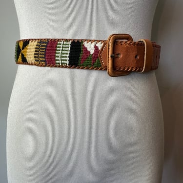 Vintage woven textile & leather belt~ Guatemalan colorful belts~ size large unisex  36” waist 