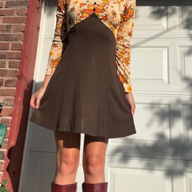 Vintage 60s 70s Mod Fall Floral Collared Mini Dress Brown Polyester Long Sleeve Small by TimeBa