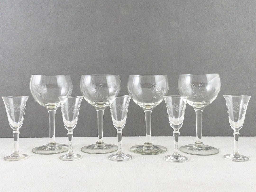 Vintage Clear Etched and Cut Glass Small Stemmed Glasses, Sets Pebble Creek Goods St Paul, MN