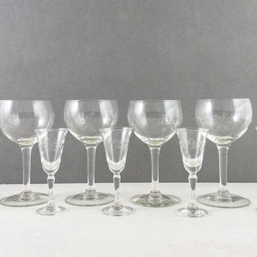 Vintage Clear Etched and Cut Glass Small Stemmed Glasses, Sets Sold Separately, Liqueur Cordial Port Sherry Dessert Wine Glasses 