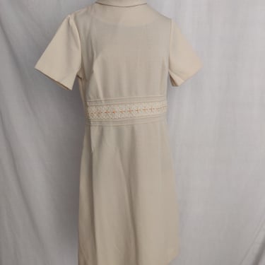 Vintage 60s 70s Toni Todd Mod Beige Dress with Embroidery Accents 