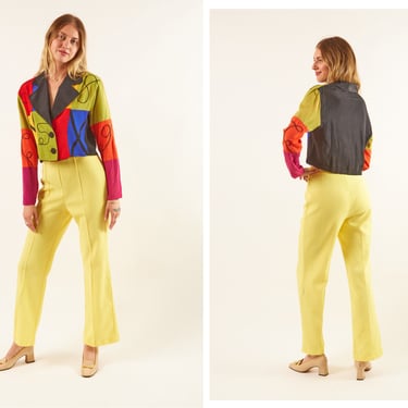 Vintage 1980s 80s Bright Funky Patchwork Cropped Button Up Long Sleeve Blazer Cropped Top Blouse 