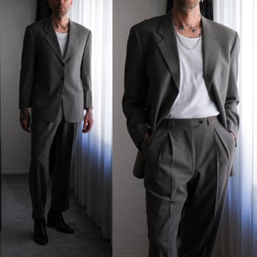 Vintage 90s GIORGIO ARMANI Le Collezioni for Saks Fifth Avenue Olive Gray Pinstripe Suit | Made in Italy | 1990s ARMANI Designer Mens Suit 