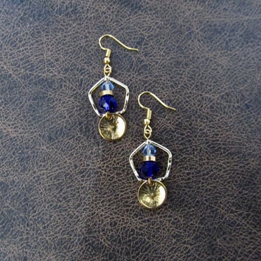 Hammered brass pentagon and crystal earrings, blue 
