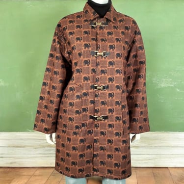 1990s cute animal coat african textile brown black boxy oversized fit long horned wildlife primitive crafted in Senegal UNISEX (S/L) 