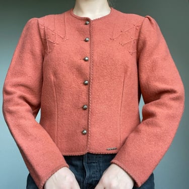 Vintage Geiger Tyrol 100% Boiled Wool Folk Austrian Salmon Cardigan Sz M 