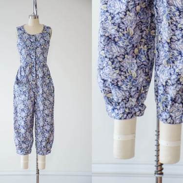 blue floral jumpsuit | 80s 90s vintage Laura Ashley navy blue white floral romantic cute cottagecore sleeveless cropped jumpsuit 