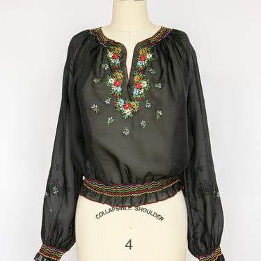 1940s Peasant Blouse Embroidered Nylon Top M 50s 