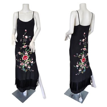 Y2K Sue Wong Embroidered Black Silk Asian Shift Dress I Sz Lrg I Fringe 