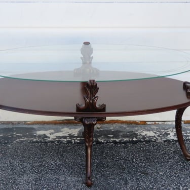 1940s Mahogany Hand Carved Glass Top Oval Coffee Table 3612