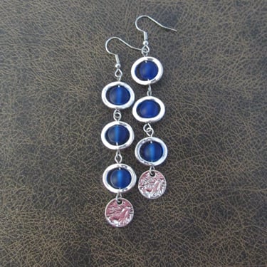 Long bohemian earrings, beach earrings, blue frosted glass earrings, geometric earrings 