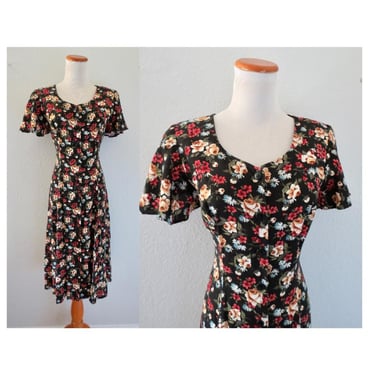 Vintage 90s Floral Dress - Lace Up Back - Rayon Button Front Midi Flower Print Romantic Cottagecore Bohemian - Rampage - Size Small 