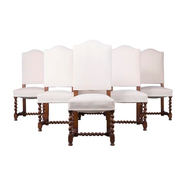 Antique French Louis XIII Style Oak Barley Twist Dining Chairs W/ Cream Velvet - Set of 6 