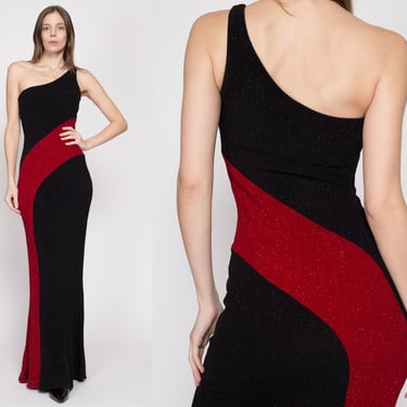 Medium 90s One Shoulder Black & Red Sparkle Evening Gown | Vintage Color Block Formal Slinky Maxi Party Dress 