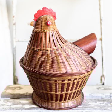 Vintage Wicker and Wood Chicken Basket | Lidded Wicker Hen Basket | Farmhouse Kitchen Decorative Basket 