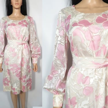 Vintage 60s Designer Parnes Feinstein Pink Floral Party Dress Union Label Size M/L 